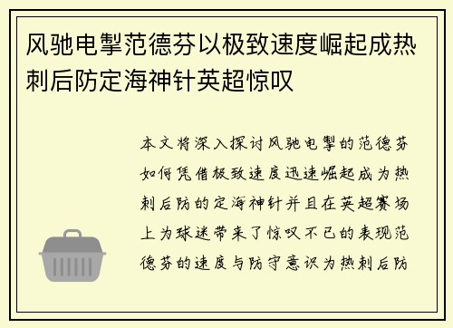 风驰电掣范德芬以极致速度崛起成热刺后防定海神针英超惊叹 风驰电掣范德芬以极致速度崛起成热刺后防定海神针英超惊叹